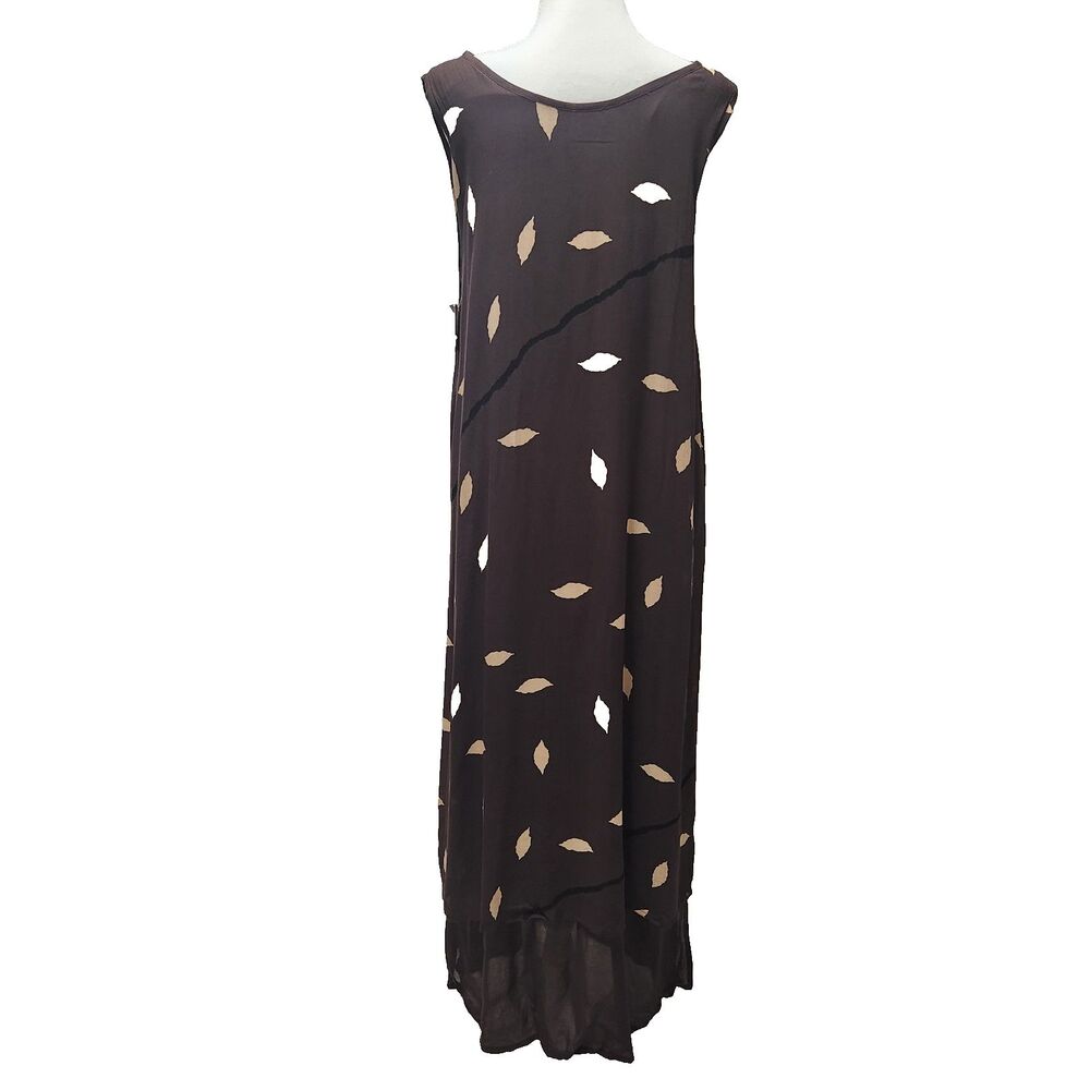 Animale  by Jacques Ruc  Brown Dress Leaf Print Large Lagenlook Artsy Maxi